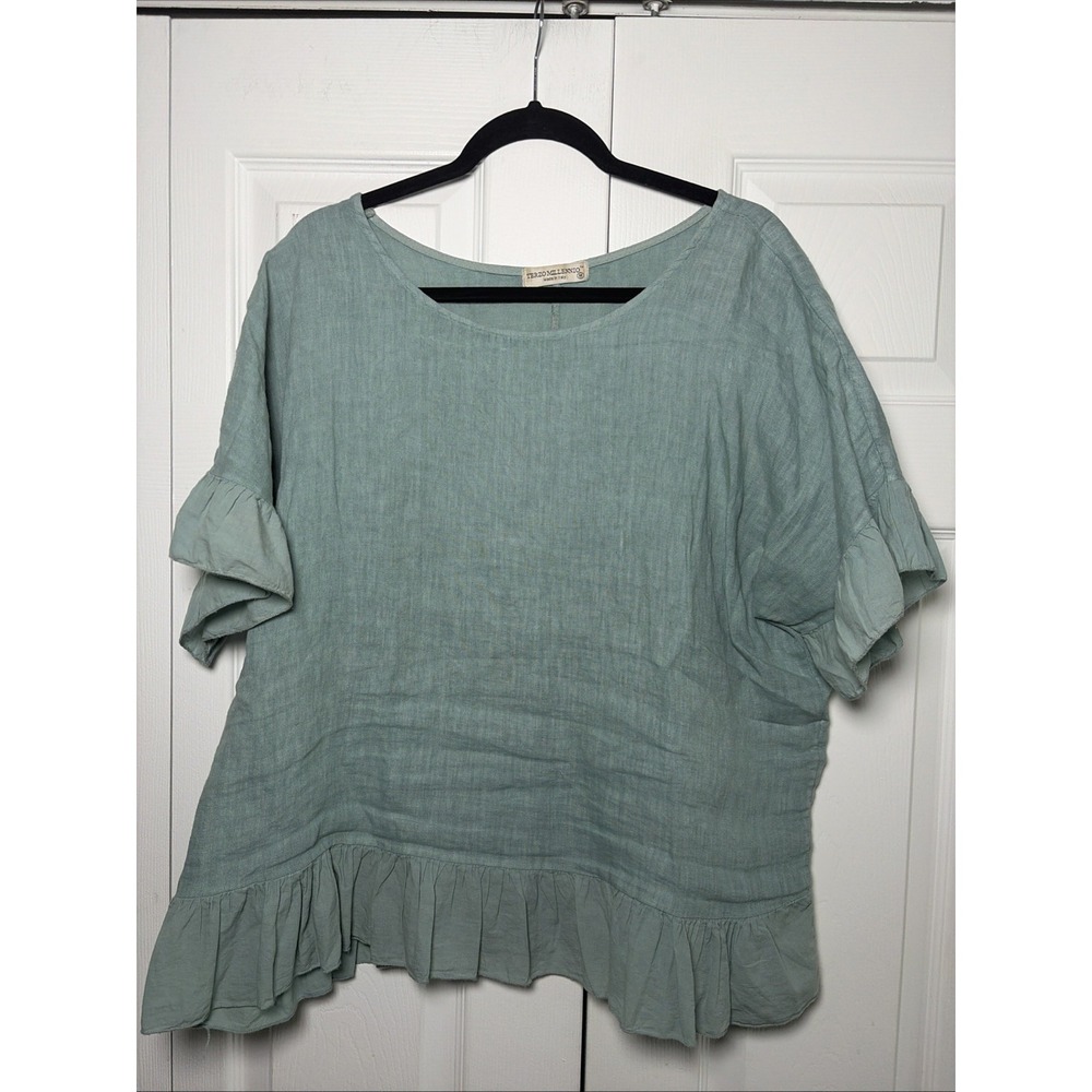 Terzo Millennio Ruffle Linen Blouse Womens Size M Blue Made in Italy‎ Boho